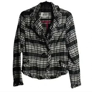 An Ren New York Black and White Plaid Ruffle Trimmed Hem Jacket Size Med
